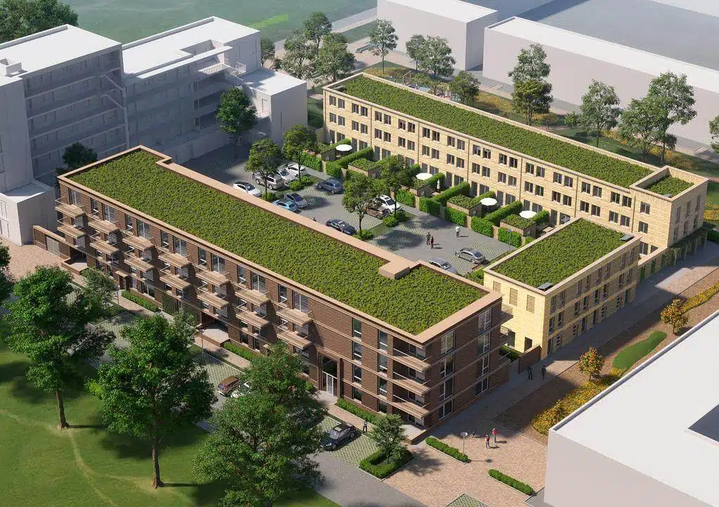3D ontwerp van nieuwbouwproject Central Park in Almere Poort met appartementen, woningen en groene daken