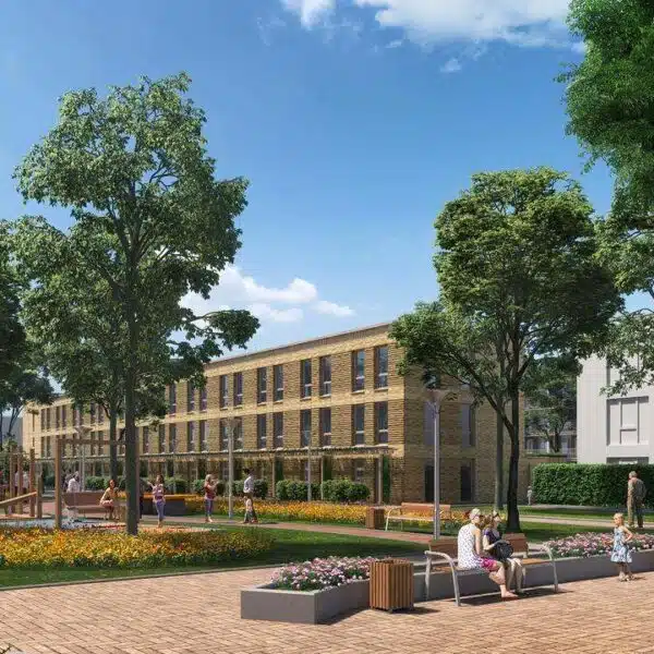 Visualisatie van groene pleinen en openbare ruimte bij Central Park Almere