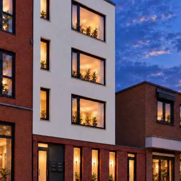 Avondimpressie getransformeerde appartementen Steynlaan Zeist, ontwerp Subhan Ingenieursbureau voor HBA Projectontwikkeling.